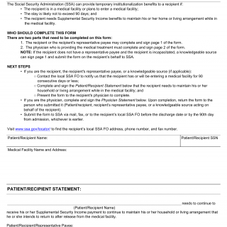 Form SSA-186. Temporary Institutionalization Statement to Maintain Household and Physician Certification