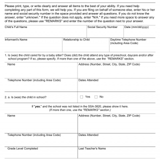Form SSA-3881-BK. Questionnaire for Children Claiming SSI Benefits