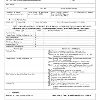 GA DMV Form T-126 Georgia Department of Revenue Refund Request-Registration, Title & or Insurance Fees
