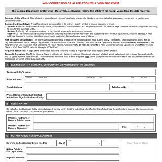 GA DMV Form T-19 Affidavit of Authority to Sign for a Company, Corporation or Partnership