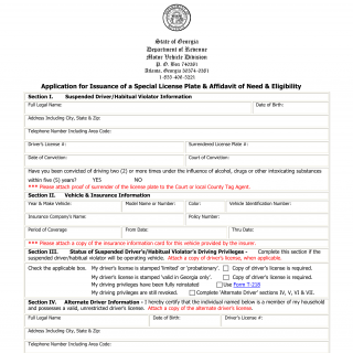 GA DMV Form T-215 Application for Issuance of a Special License Plate & Affidavit of Need and Eligibility