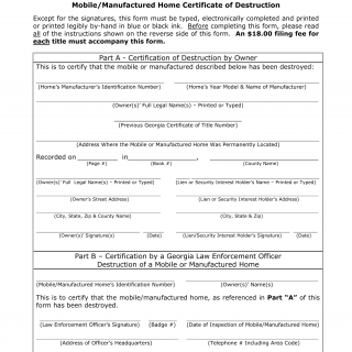 GA DMV Form T-230 Mobile-Manufactured Home Certificate of Destruction