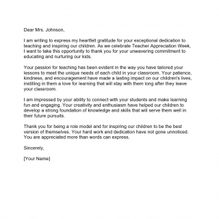 Teacher Appreciation Week Letter example 