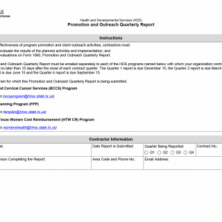 TX HHS Form 1060. Health and Developmental Services (HDS) Promotion and Outreach Quarterly Report Promotion and Outreach Quarterly Report