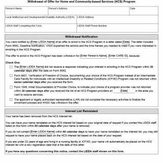 TX HHS Form 1068. Withdrawal of Offer for Home and Community-based Services (HCS) Program