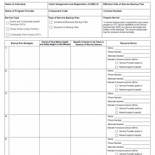 TX HHS Form 1742. Service Backup Plan for HCS. TxHmL and CFC Services TX HHS Form 1742. Service Backup Plan for HCS. TxHmL and CFC Services