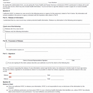 TX HHS Form 1826-D. Case Information Release