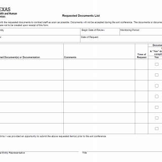 TX HHS Form 2033. Requested Documents List
