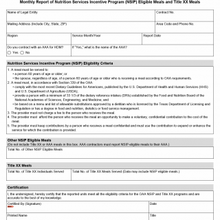 TX HHS Form 2071. Monthly Report of Nutrition Services Incentive Program (NSIP) Eligible Meals and Title XX Meals