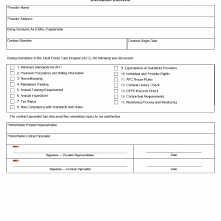 TX HHS Form 2325. Adult Foster Care Program Orientation Checklist
