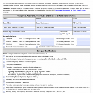 TX HHS Form 2551. Licensed and Registered Home: Caregivers. Assistants. Substitutes and Household Members Information Record