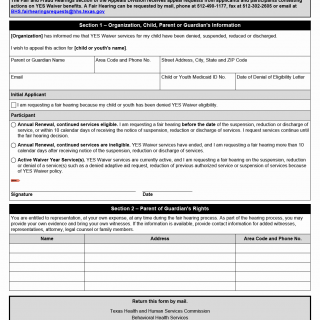 TX HHS Form 2801. Youth Empowerment Services Waiver Fair Hearing Request TX HHS Form 2801. Youth Empowerment Services Waiver Fair Hearing Request
