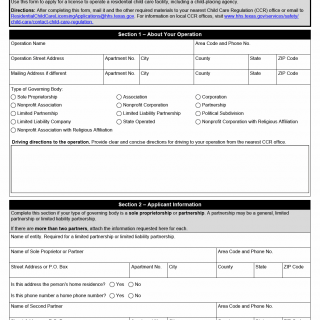 TX HHS Form 2960. CCR Application for a License to Operate a Residential Child Care Facility