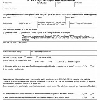 TX HHS Form 2974C. CPS Request for Risk Evaluation Based on Past Criminal History or Central Registry Findings for Foster/Adoptive Homes