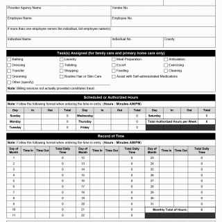 TX HHS Form 3054. Primary Home Care Service Delivery Record
