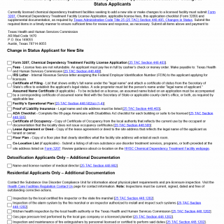 TX HHS Form 3209. Chemical Dependency Treatment Facility Licensure Application Checklist for Change in Status Applicants TX HHS Form 3209. Chemical Dependency Treatment Facility Licensure Application Checklist for Change in Status Applicants