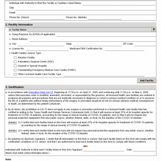 TX HHS Form 3221. Health Care Facility Certification Under Executive Order GA-15 TX HHS Form 3221. Health Care Facility Certification Under Executive Order GA-15