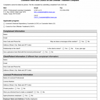 TX HHS Form 3223. Licensed Chemical Dependency Counselor. Counselor Intern and Council on Sex Offender Treatment Complaint