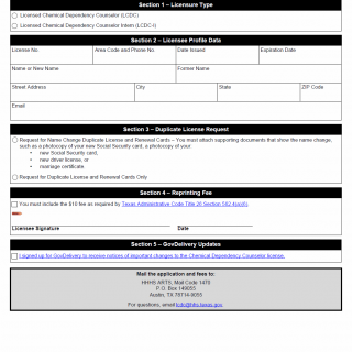 TX HHS Form 3238. Licensed Chemical Dependency Counselor or Counselor Intern Name Change or Duplicate License Application