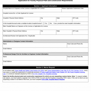 TX HHS Form 3250. Hospital Statute and Rule Waiver Request Application for Facility Physical Plant and Construction Requirements