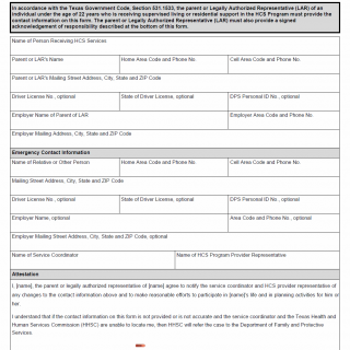 TX HHS Form 3605. HCS Parent or Legally Authorized Representative (LAR) Contact Information for Individuals Under 22 Years of Age TX HHS Form 3605. HCS Parent or Legally Authorized Representative (LAR) Contact Information for Individuals Under 22 Years of Age