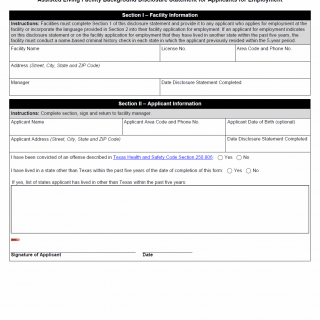 TX HHS Form 3649. Assisted Living Facility Background Disclosure Statement for Applicants for Employment TX HHS Form 3649. Assisted Living Facility Background Disclosure Statement for Applicants for Employment