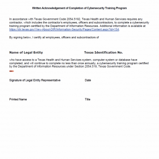 TX HHS Form 3834. Written Acknowledgement of Completion of Cybersecurity Training Program