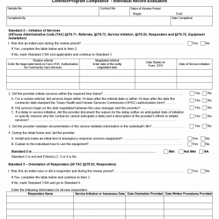 TX HHS Form 3854. Contract or Program Compliance — Individual Record Evaluation (Emergency Response Services)