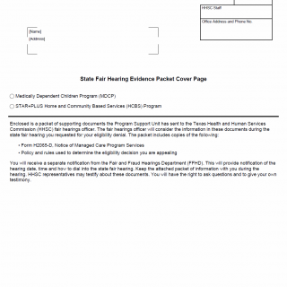 TX HHS Form 4801. State Fair Hearing Evidence Packet Cover Page