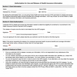 TX HHS Form 5025. HIPP Authorization for Use and Release of Health Insurance Information