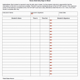 TX HHS Form 5498-NATCEP. Nurse Aide Daily Sign-in Sheet