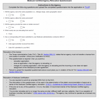 TX HHS Form 6325. Home and Community Support Services Agency Medicare Certified Agency Relocation Questionnaire TX HHS Form 6325. Home and Community Support Services Agency Medicare Certified Agency Relocation Questionnaire