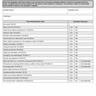 TX HHS Form 7260. Children's Records Evaluation of Child Care Centers TX HHS Form 7260. Children's Records Evaluation of Child Care Centers