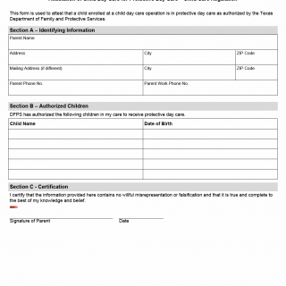 TX HHS Form 7264. Attestation of Child Day Care for Protective Day Care - Child Care Regulation