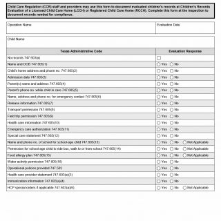 TX HHS Form 7270. Children's Records Evaluation of a Licensed Child Care Home or Registered Child Care Home