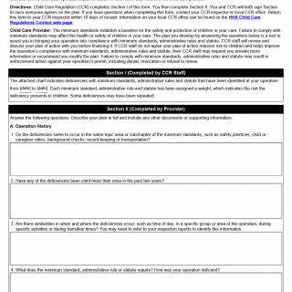TX HHS Form 7277. Child Care Regulation Plan of Action