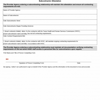 TX HHS Form 8203. Subcontractor Attestation Form