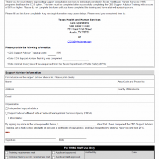TX HHS Form 8400. Consumer-Directed Services (CDS) Support Advisor Applicant