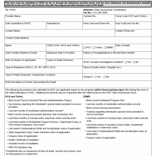 TX HHS Form 8493. Notification Regarding a Death in HCS. TxHmL and DBMD Programs