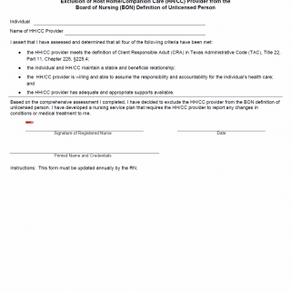 TX HHS Form 8495. Exclusion of Host Home/Companion Care (HH/CC) Provider from the Board of Nursing (BON) Definition of Unlicensed Person