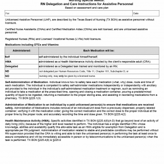 TX HHS Form 8589. Nursing Special Needs: RN Delegation and Care Instructions for Assistive Personnel