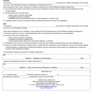 TX HHS Form 8610. State Long-term Care Ombudsman Program Certified Ombudsman II Recommendation and Approval