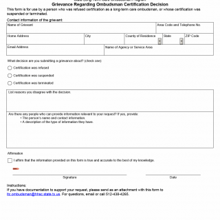 TX HHS Form 8614. Grievance Regarding Ombudsman Certification Decision