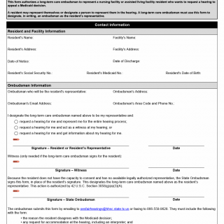 TX HHS Form 8625-M. Designation of a Long-Term Care Ombudsman as Representative and Request to Appeal a Medicaid Decision