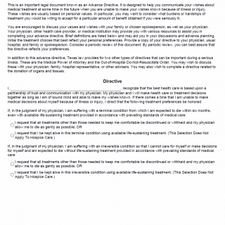 TX HHS Directive to Physicians and Family or Surrogates (Living Will) TX HHS Directive to Physicians and Family or Surrogates (Living Will)