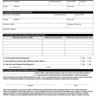 TX HHS Form H0050. Parent Profile Questionnaire