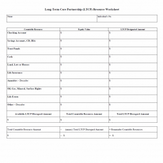 TX HHS Form H0057. Long-Term Care Partnership (LTCP) Resource Worksheet