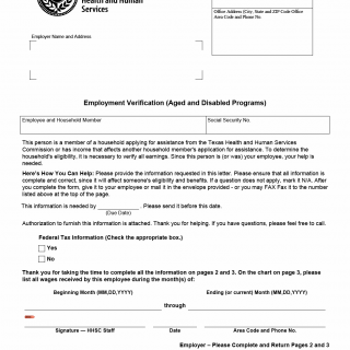 TX HHS Form H1028-A-FTI. Employment Verification - FTI