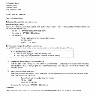 TX HHS Form H1062. Birth Outcome Reminder Letter
