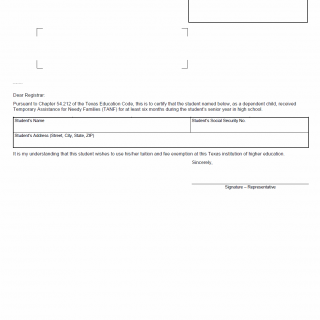 TX HHS Form H1065. Tuition and Fee Exception Letter